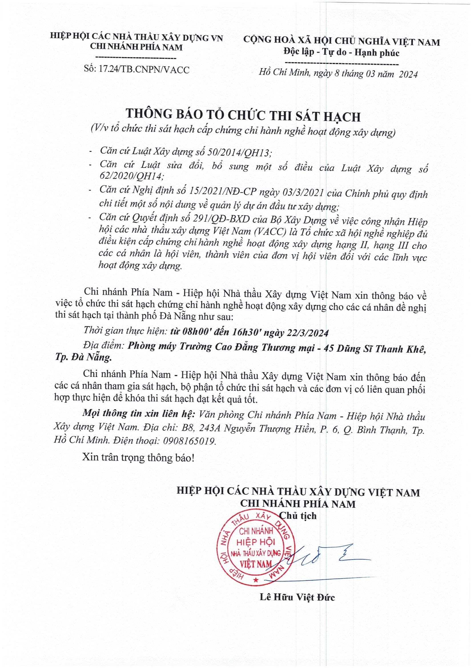 THÔNG BÁO THI SÁT HẠCH CHỨNG CHỈ HÀNH NGHỀ HĐXD TẠI TP. ĐÀ NẴNG THÁNG 3/2024 3 tb thi 001