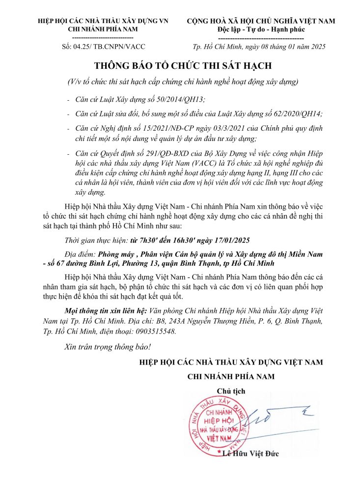 THÔNG BÁO THI SÁT HẠCH CHỨNG CHỈ HÀNH NGHỀ HĐXD TẠI TP. HỒ CHÍ MINH THÁNG 01/2025 3 04.25Thong bao thi sat hach thang 01.2025 HCM