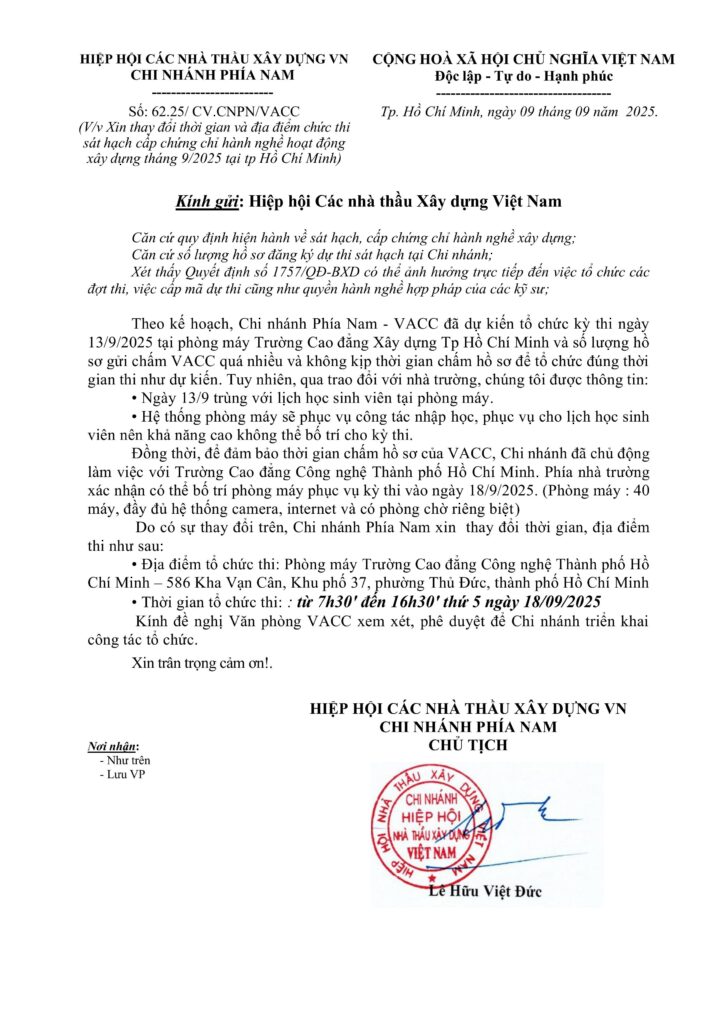 THÔNG BÁO THI SÁT HẠCH CHỨNG CHỈ HÀNH NGHỀ HĐXD TẠI TP. HỒ CHÍ MINH THÁNG 9/2025 2 62.250909 Xin thay doi thoi gian va dia diem to chuc thi tai HCM thang 9.2025 1